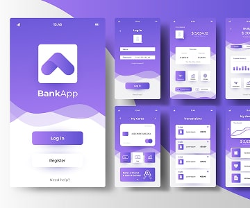 Mobile banking app interface showing login and account screens