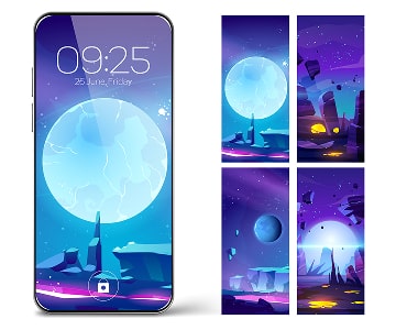 Five mobile screens showing night-mode app illustrations and interface design