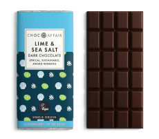 Dark chocolate bar with lime and sea salt packaging