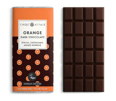 Chocolate bar with orange pieces on wrapper